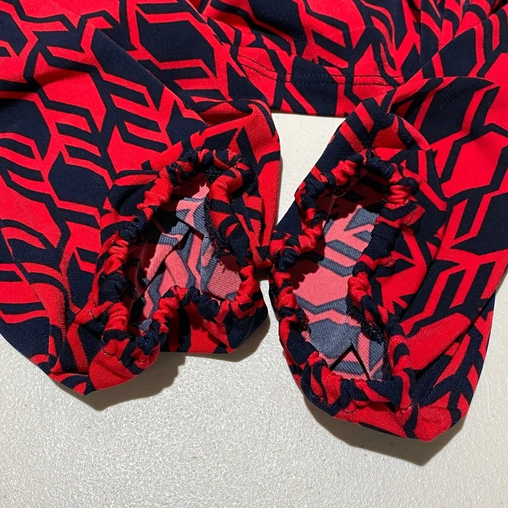 Michael Michael Kors Blouse Top Size L Red Navy Geometric Print Tie Neck - Picture 10 of 11